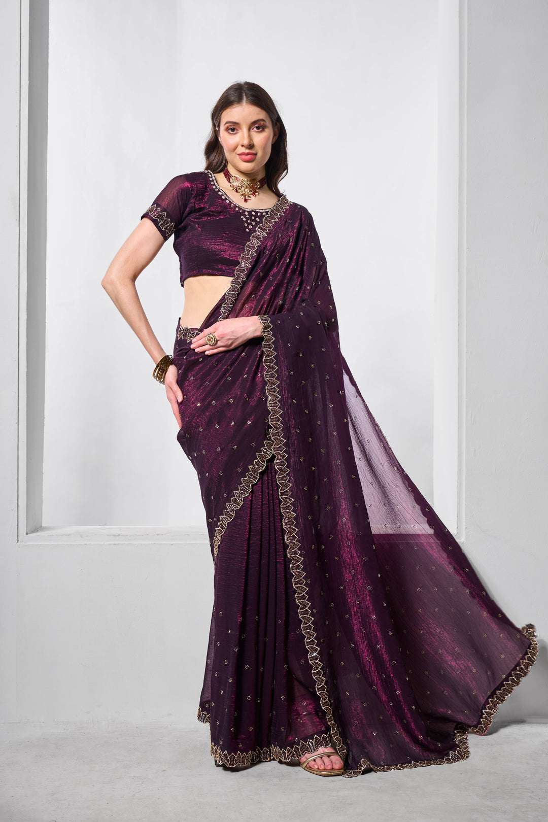 Designer Embroidered Crunchy Chiffon Saree | Art Silk Blouse for Events