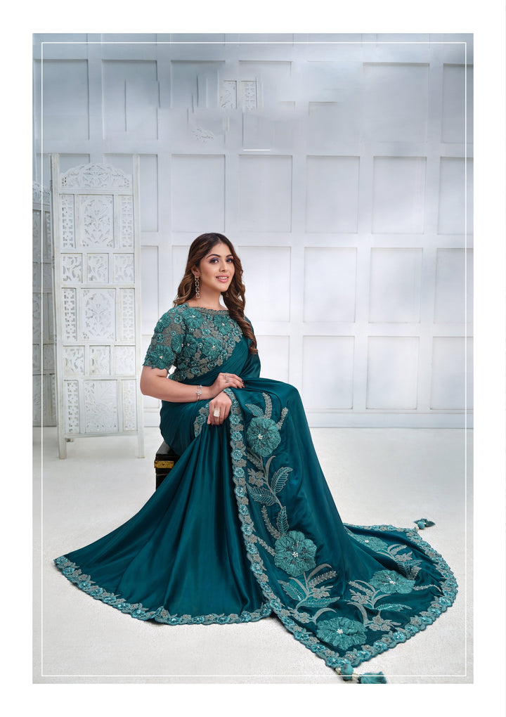 Elegant Crepe-Satin Silk Saree | Embroidered Organza Blouse for Weddings