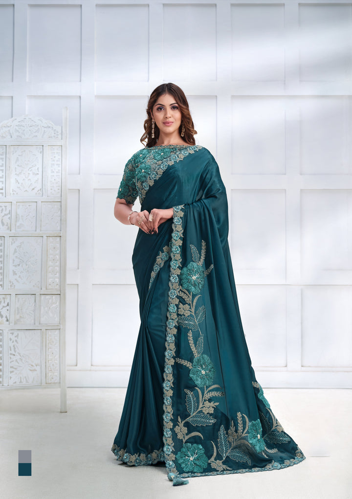 Elegant Crepe-Satin Silk Saree | Embroidered Organza Blouse for Weddings