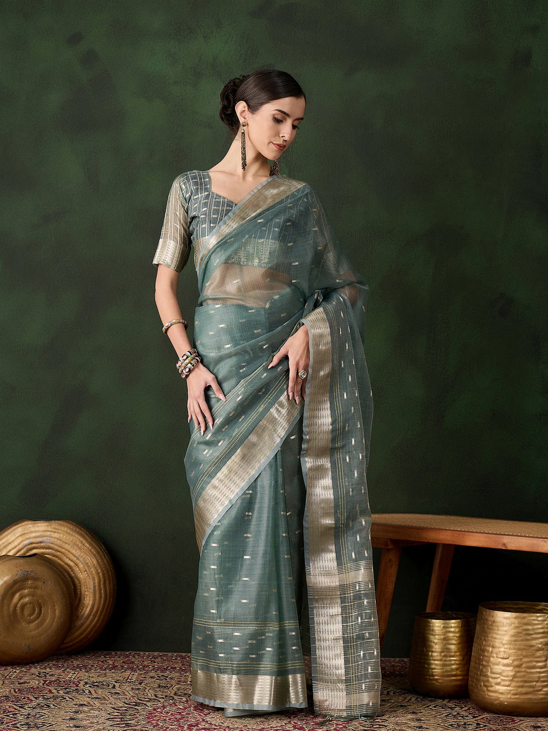 Elegant Khadi-Organza Saree with Jacquard Work | Special Event & Wedding Ready