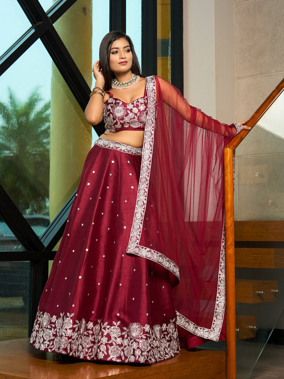 Traditional Art Silk Lehenga | Embroidered Choli with Net Dupatta