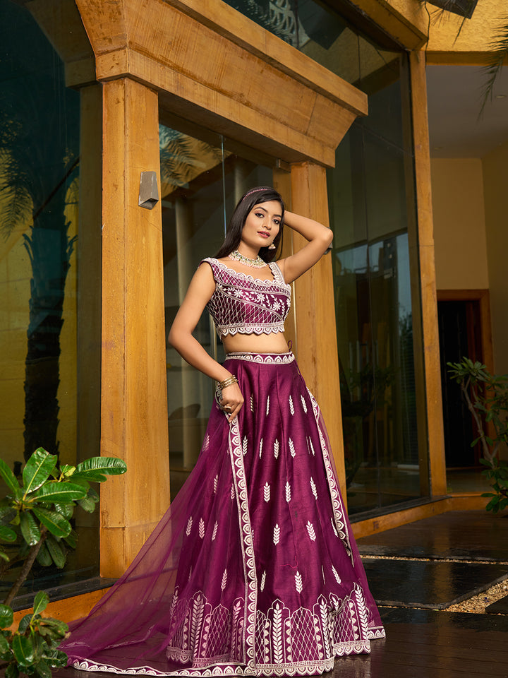 Art Silk Designer Lehenga Choli | Embroidered Blouse with Net Dupatta