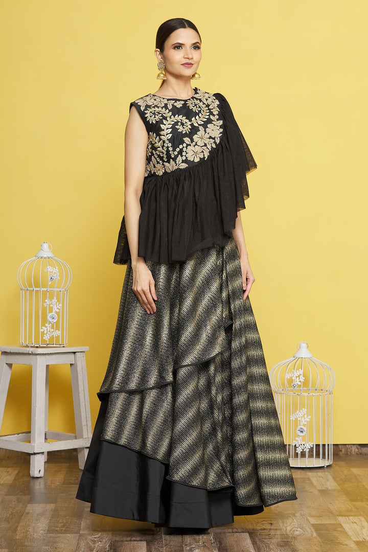 Black Raw Silk Lehenga Choli | Cord Embroidery with Taffeta & Net Dupatta