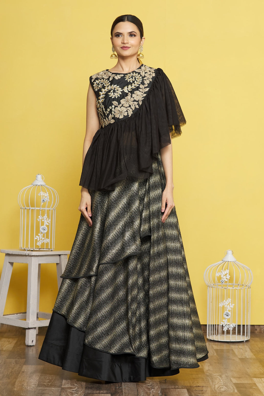 Black Raw Silk Lehenga Choli | Cord Embroidery with Taffeta & Net Dupatta