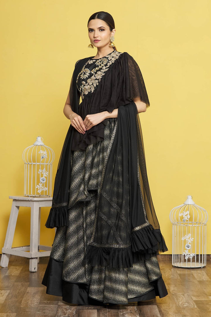 Black Raw Silk Lehenga Choli | Cord Embroidery with Taffeta & Net Dupatta