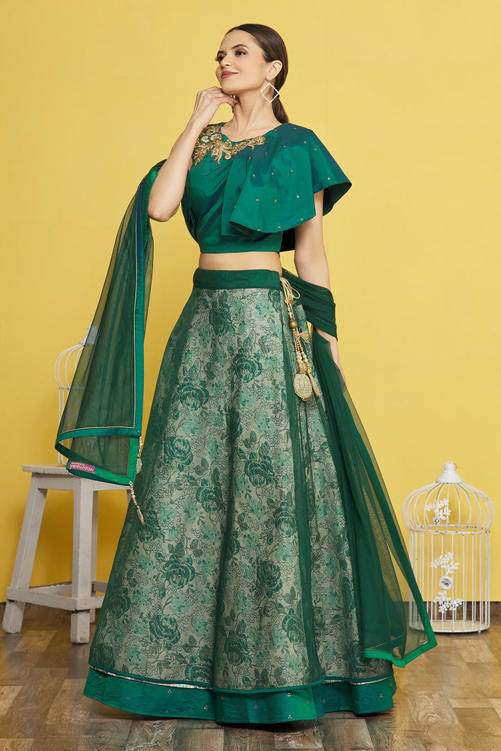 Green Lehenga Choli | Jacquard Silk with Hand Embroidery and Net Dupatta