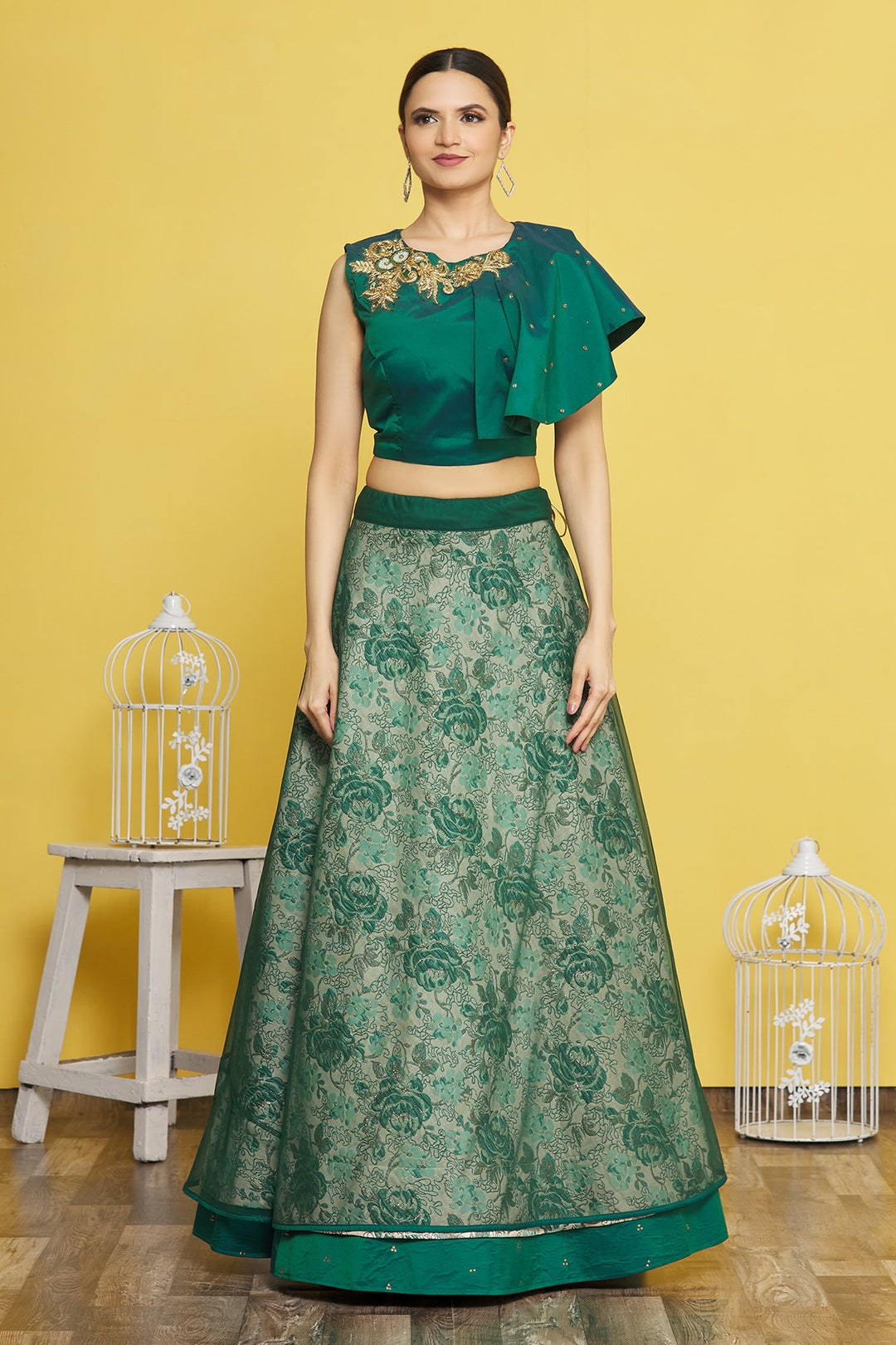 Green Lehenga Choli | Jacquard Silk with Hand Embroidery and Net Dupatta