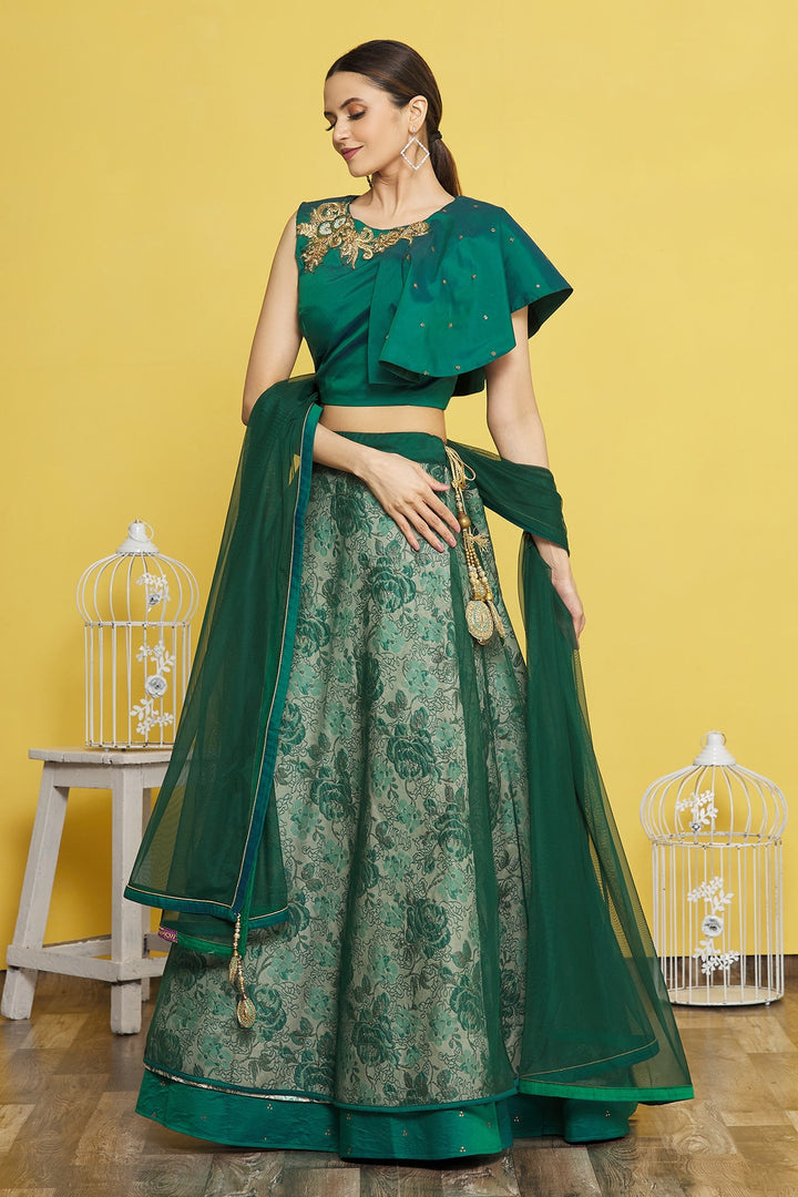 Green Lehenga Choli | Jacquard Silk with Hand Embroidery and Net Dupatta