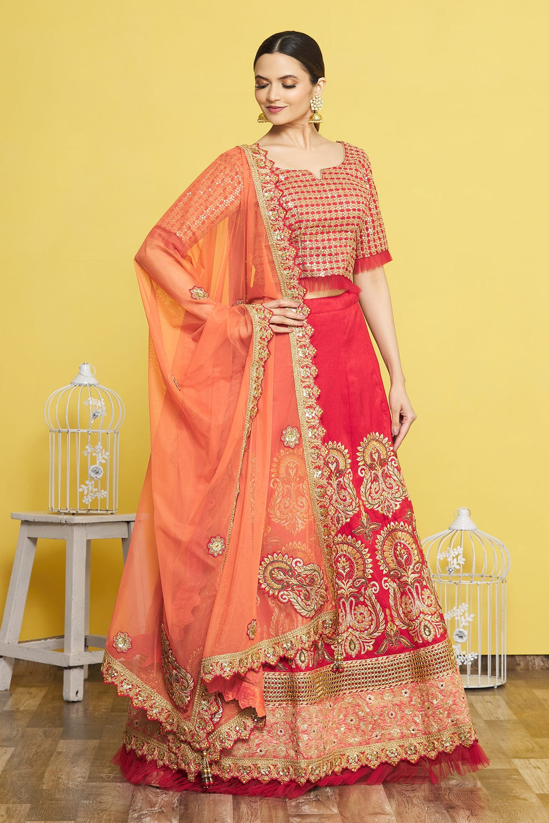 Ravishing Red Silk Lehenga | Net Dupatta with Jari, Cord & Sequins Embroidery