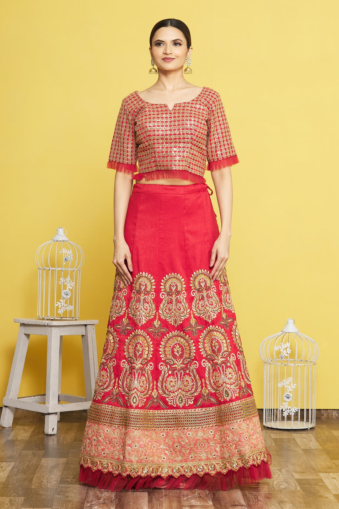 Ravishing Red Silk Lehenga | Net Dupatta with Jari, Cord & Sequins Embroidery