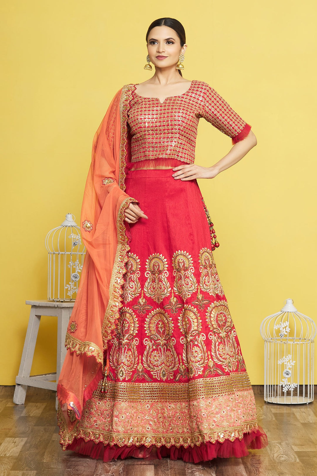 Ravishing Red Silk Lehenga | Net Dupatta with Jari, Cord & Sequins Embroidery