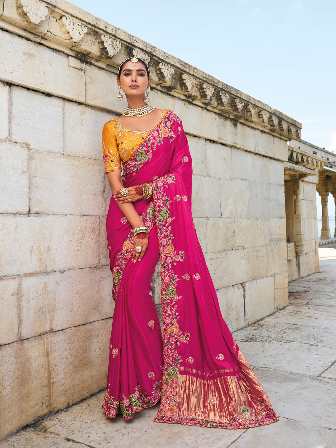 Designer Satin-Gajji Saree with Banarasi Silk Blouse | Jari & Moti Work for Weddings