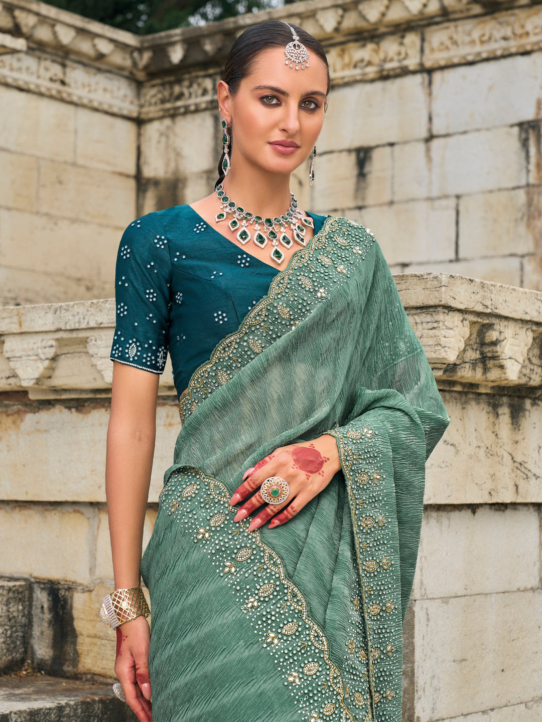 Elegant Tissue-Crush Saree with Heavy Designer Jardoshi & Moti Work | Perfect for Weddings & Special Events