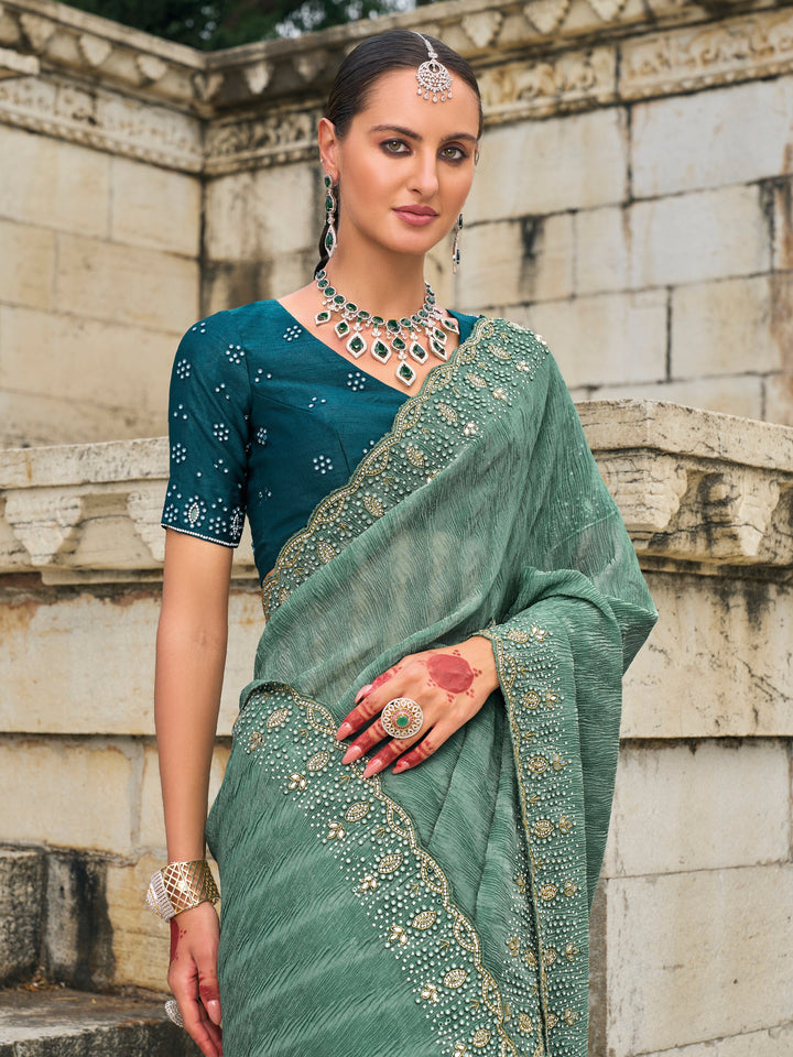 Elegant Tissue-Crush Saree with Heavy Designer Jardoshi & Moti Work | Perfect for Weddings & Special Events