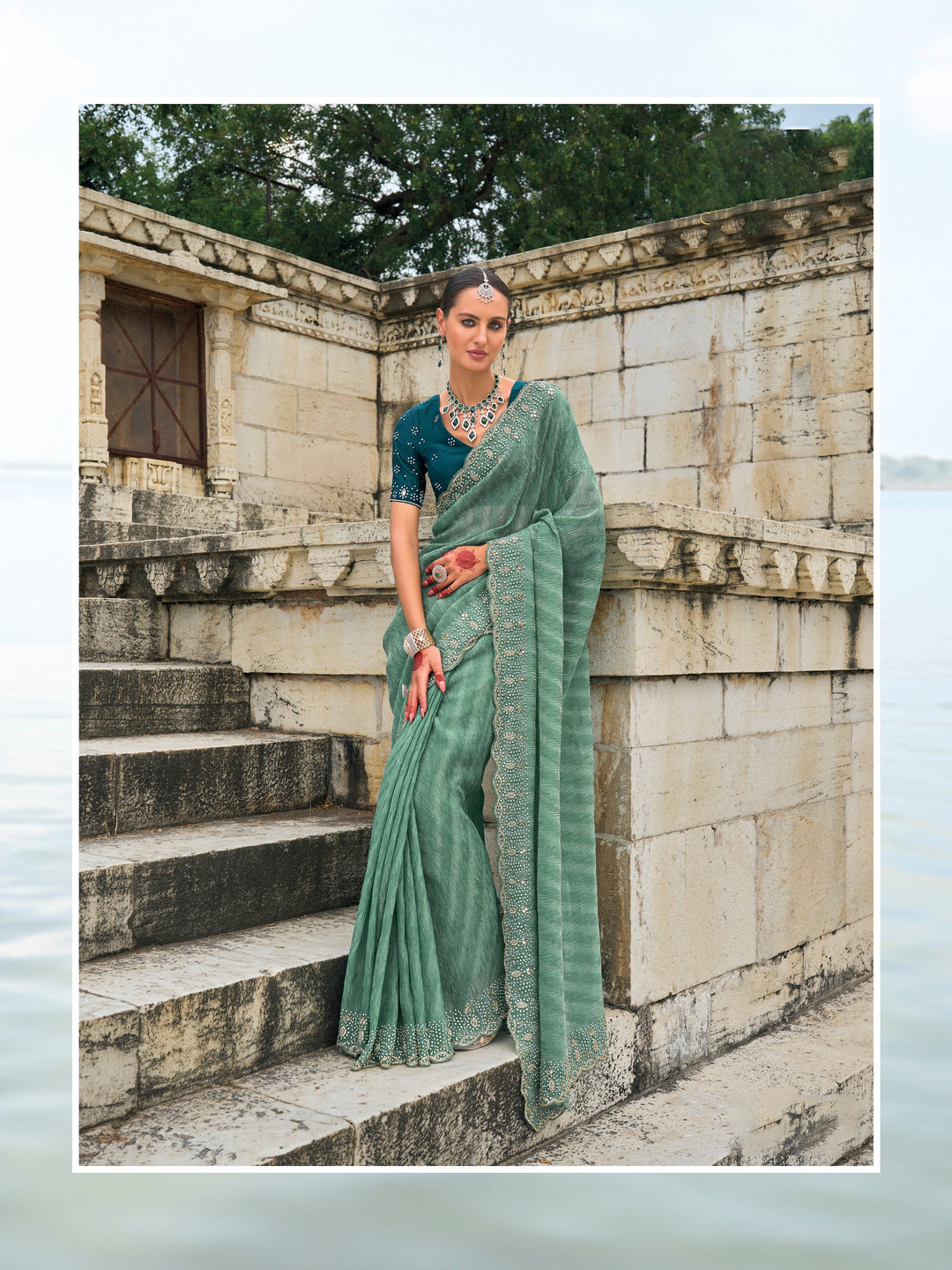 Elegant Tissue-Crush Saree with Heavy Designer Jardoshi & Moti Work | Perfect for Weddings & Special Events