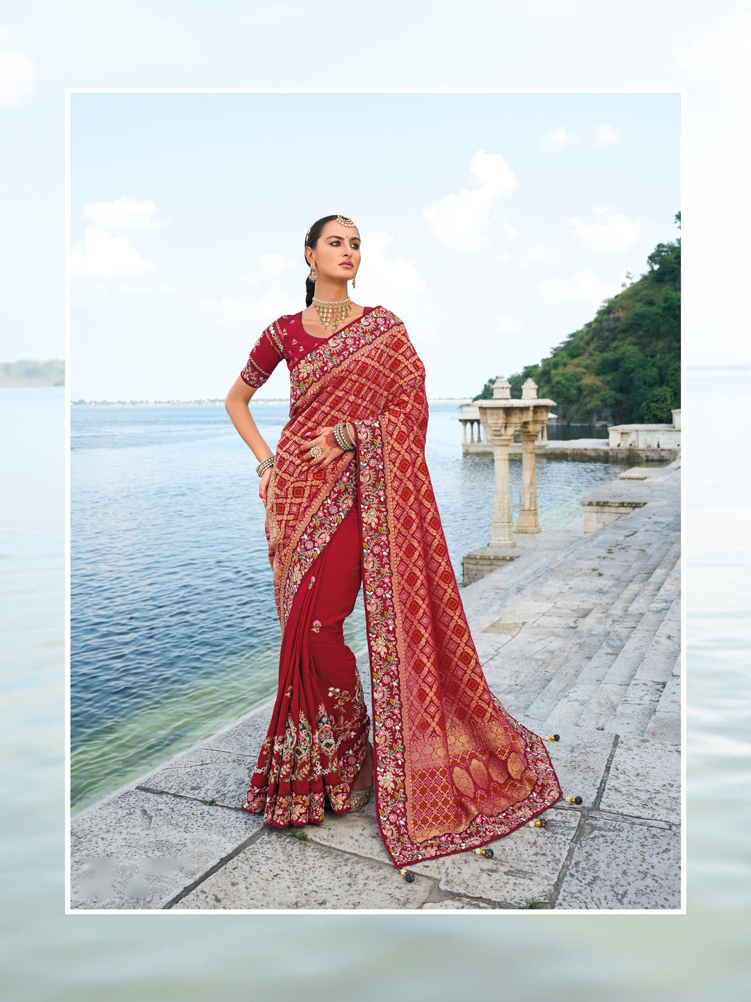 Designer Dola-Silk Saree | Bandhej with Thread & Mirror Work for Weddings