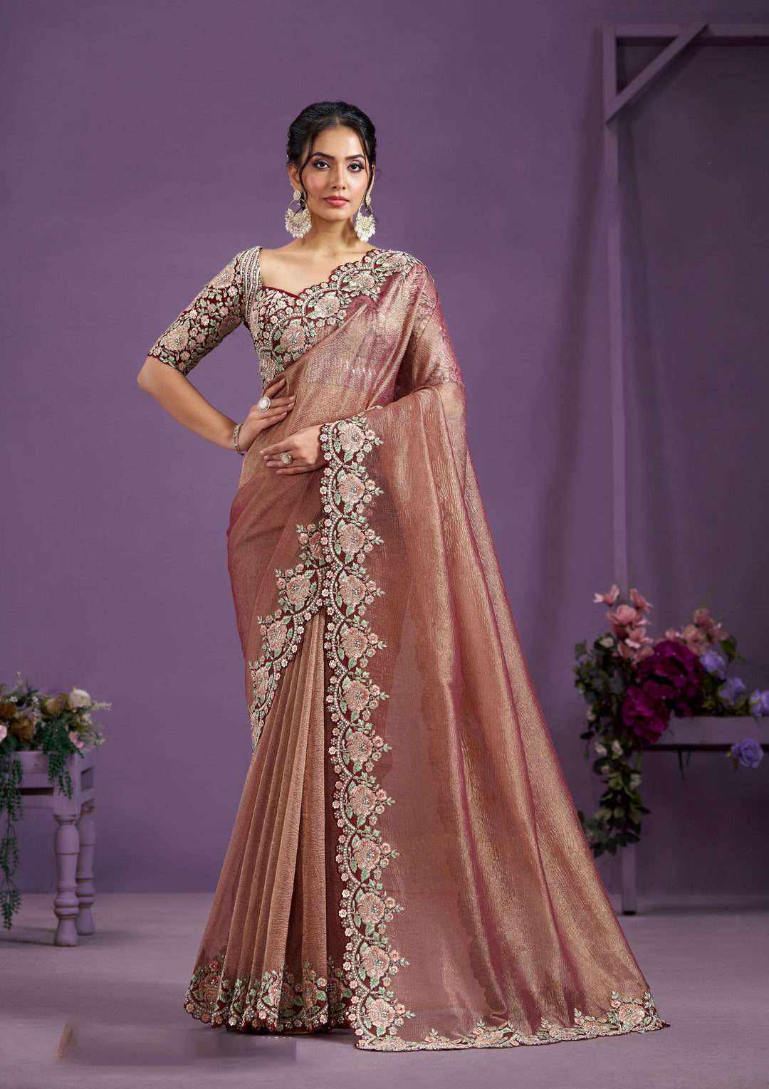 Elegant Banarasi Crush Saree | Heavy Sequence Embroidery & Moti Work