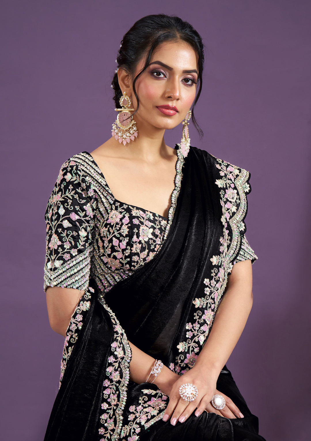 Elegant Two-Tone Satin Silk Saree with Heavy Embroidery | Special Event Glam