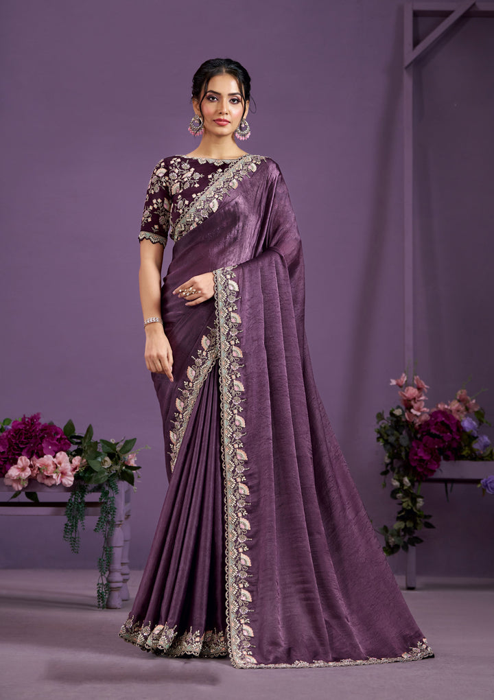 Heavy Sequence Embroidered Crepe-Satin Saree | Luxurious Wedding-Ready Attire