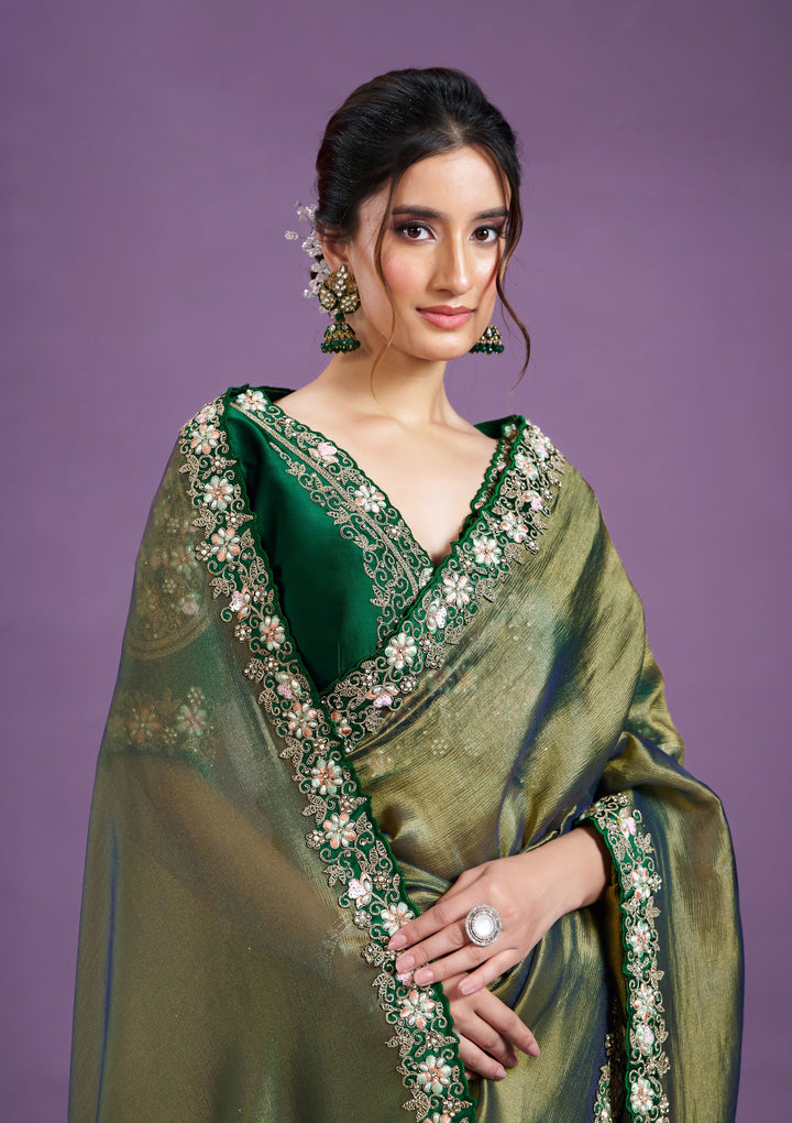 Elegant Glass-Tissue Saree | Heavy Embroidery & Patch-Work for Events