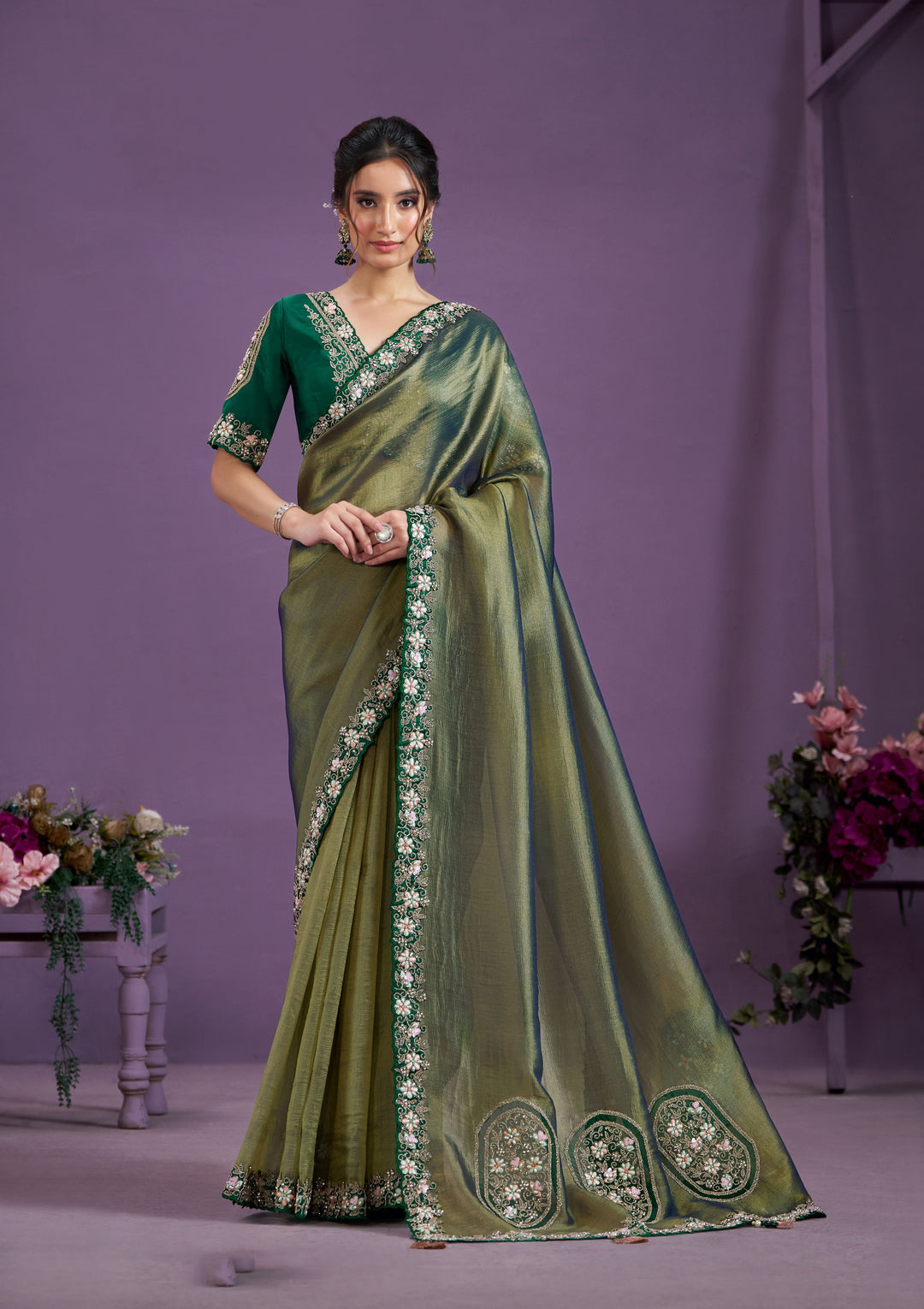 Elegant Glass-Tissue Saree | Heavy Embroidery & Patch-Work for Events