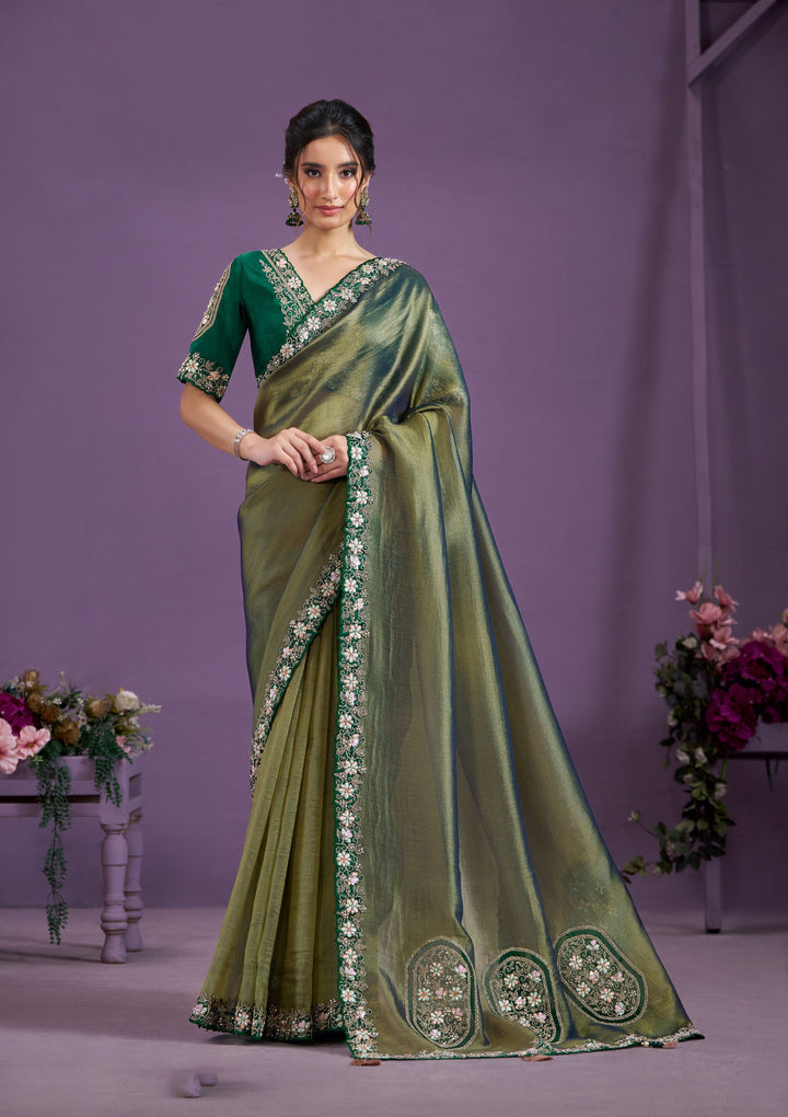 Elegant Glass-Tissue Saree | Heavy Embroidery & Patch-Work for Events