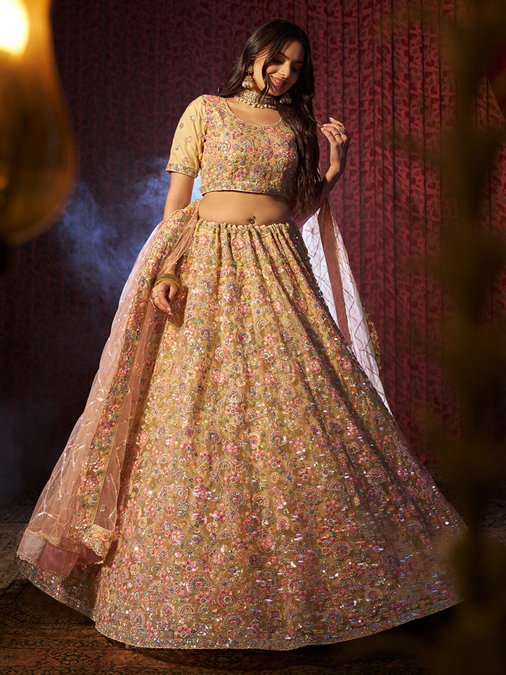 Beautiful Yellow Net Lehenga with Peach Dupatta | A Captivating Traditional Ensemble