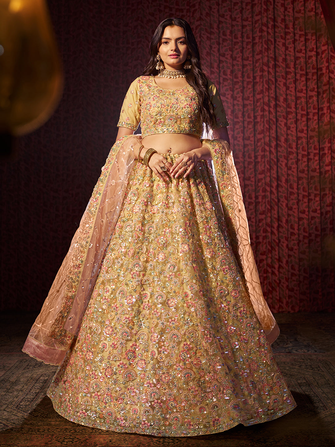 Beautiful Yellow Net Lehenga with Peach Dupatta | A Captivating Traditional Ensemble