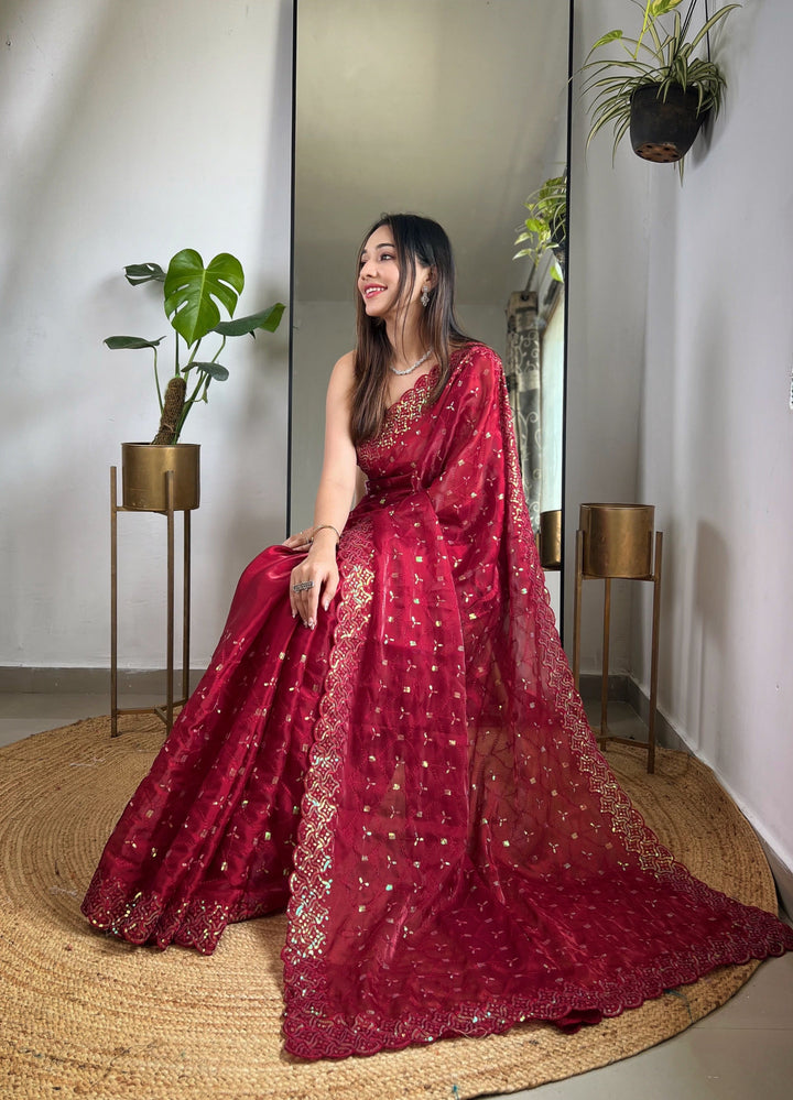 Elegant Jimmy Choo Saree with Thread & Sequin Embroidery | Perfect for Weddings