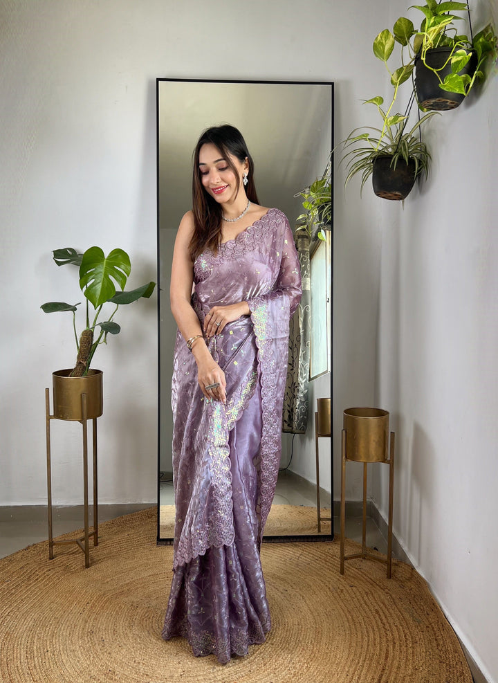 Elegant Jimmy Choo Saree with Thread & Sequin Embroidery | Perfect for Weddings