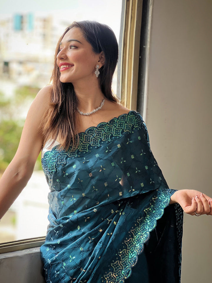 Elegant Jimmy Choo Saree with Thread & Sequin Embroidery | Perfect for Weddings