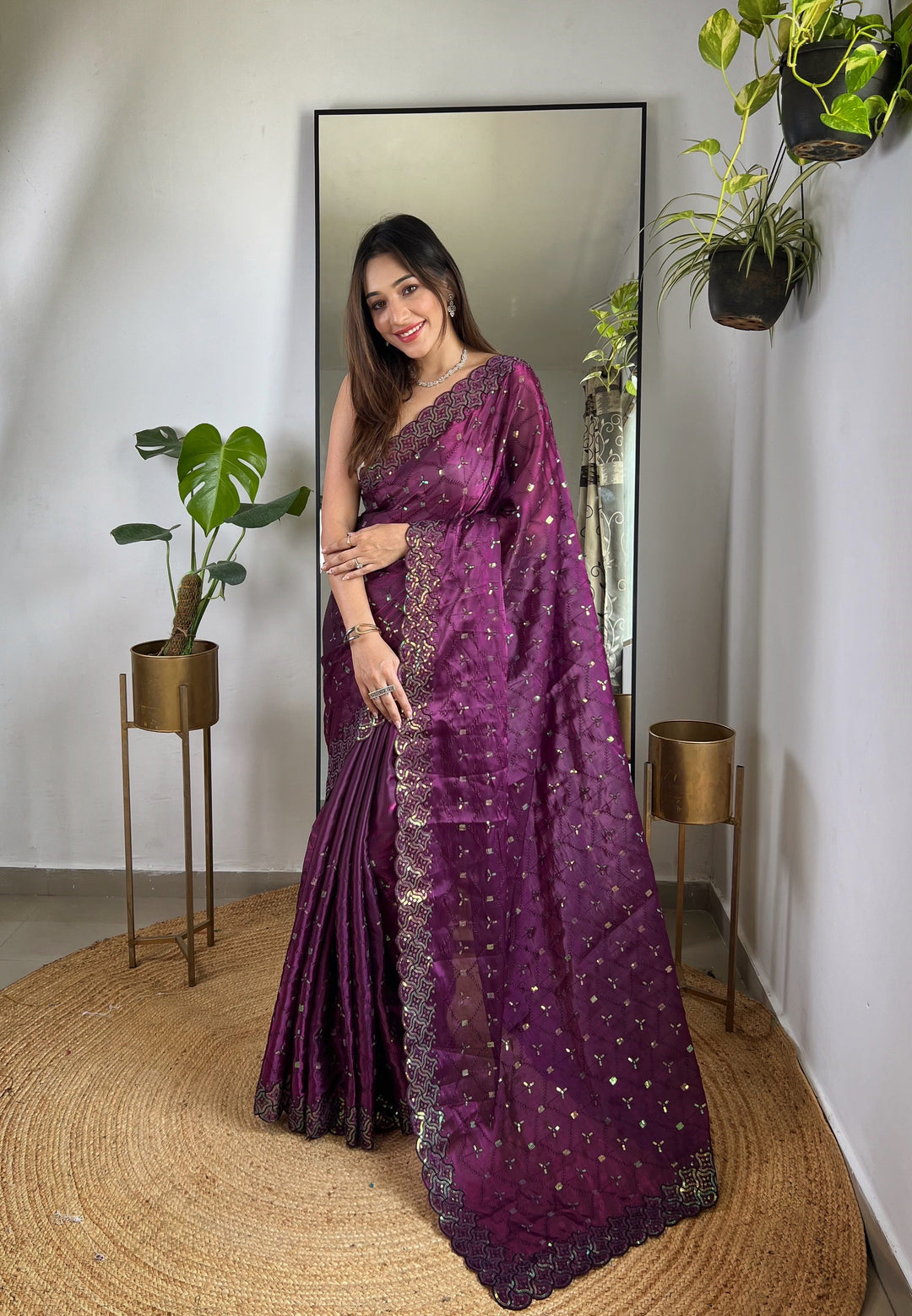 Elegant Jimmy Choo Saree with Thread & Sequin Embroidery | Perfect for Weddings