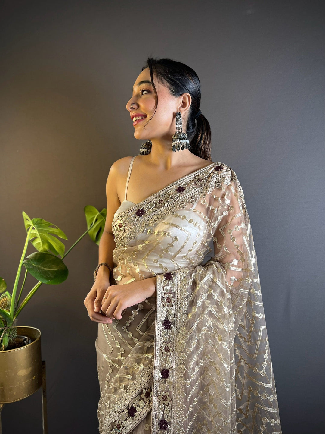 Butterfly-Net Saree with Foil & Stone Work | Perfect for Weddings & Events