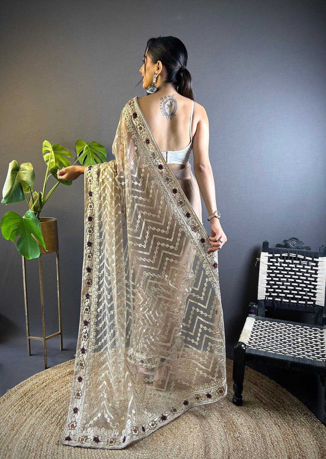 Butterfly-Net Saree with Foil & Stone Work | Perfect for Weddings & Events