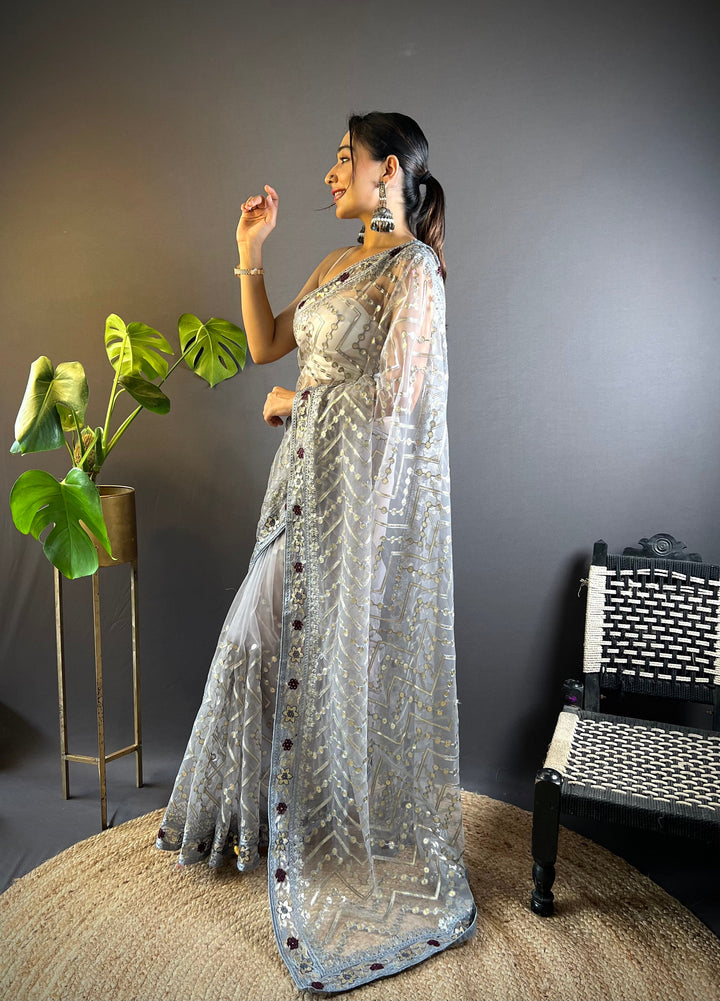 Butterfly-Net Saree with Foil & Stone Work | Perfect for Weddings & Events