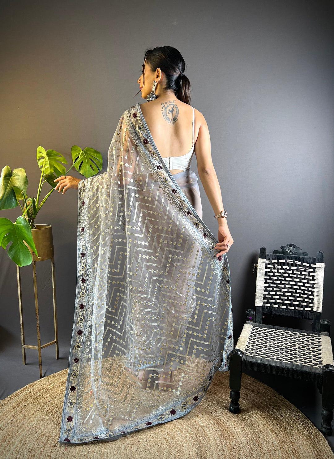 Butterfly-Net Saree with Foil & Stone Work | Perfect for Weddings & Events