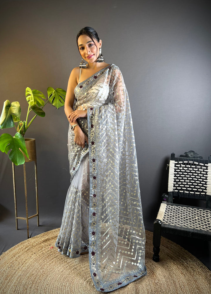 Butterfly-Net Saree with Foil & Stone Work | Perfect for Weddings & Events