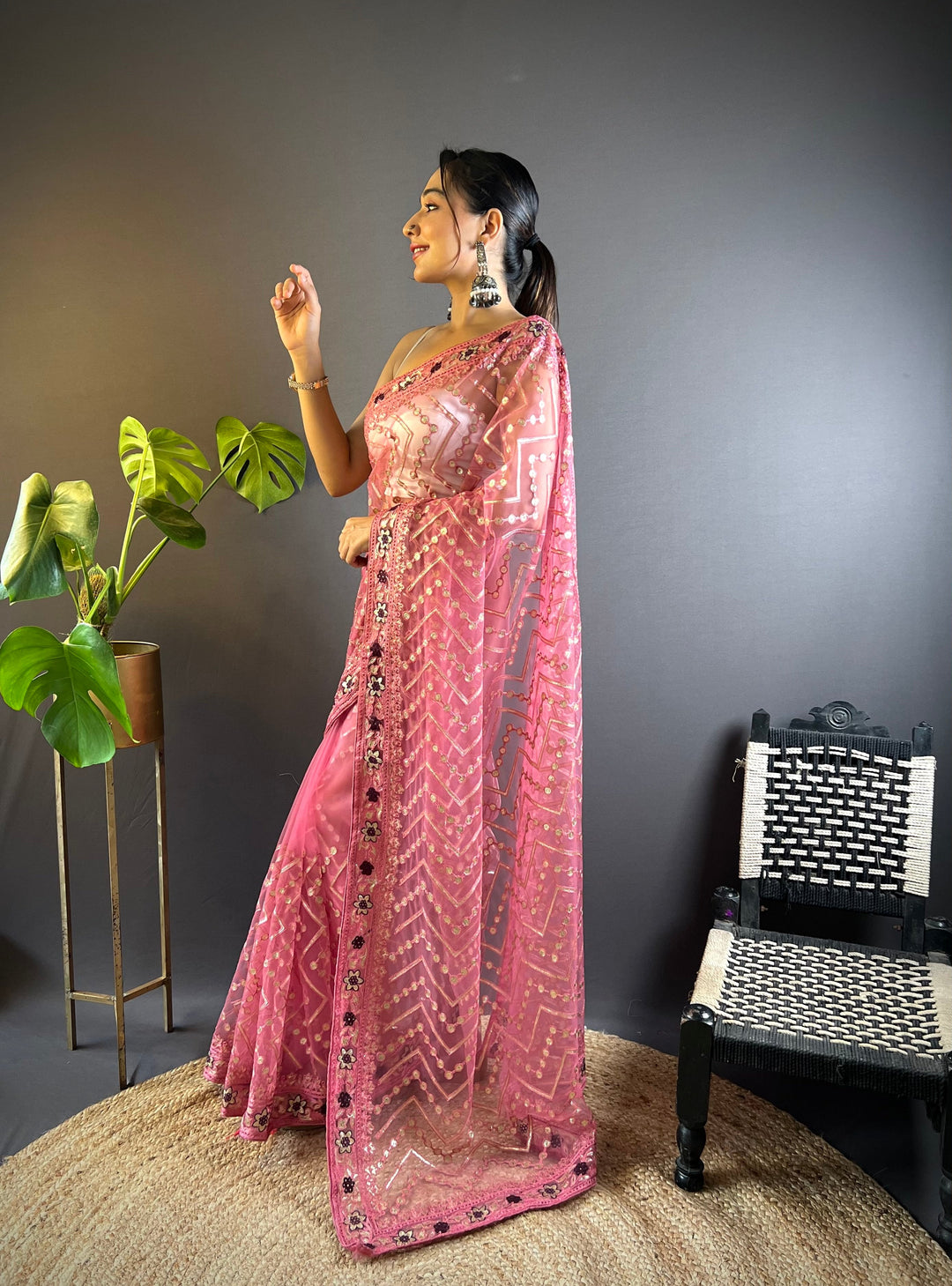 Butterfly-Net Saree with Foil & Stone Work | Perfect for Weddings & Events