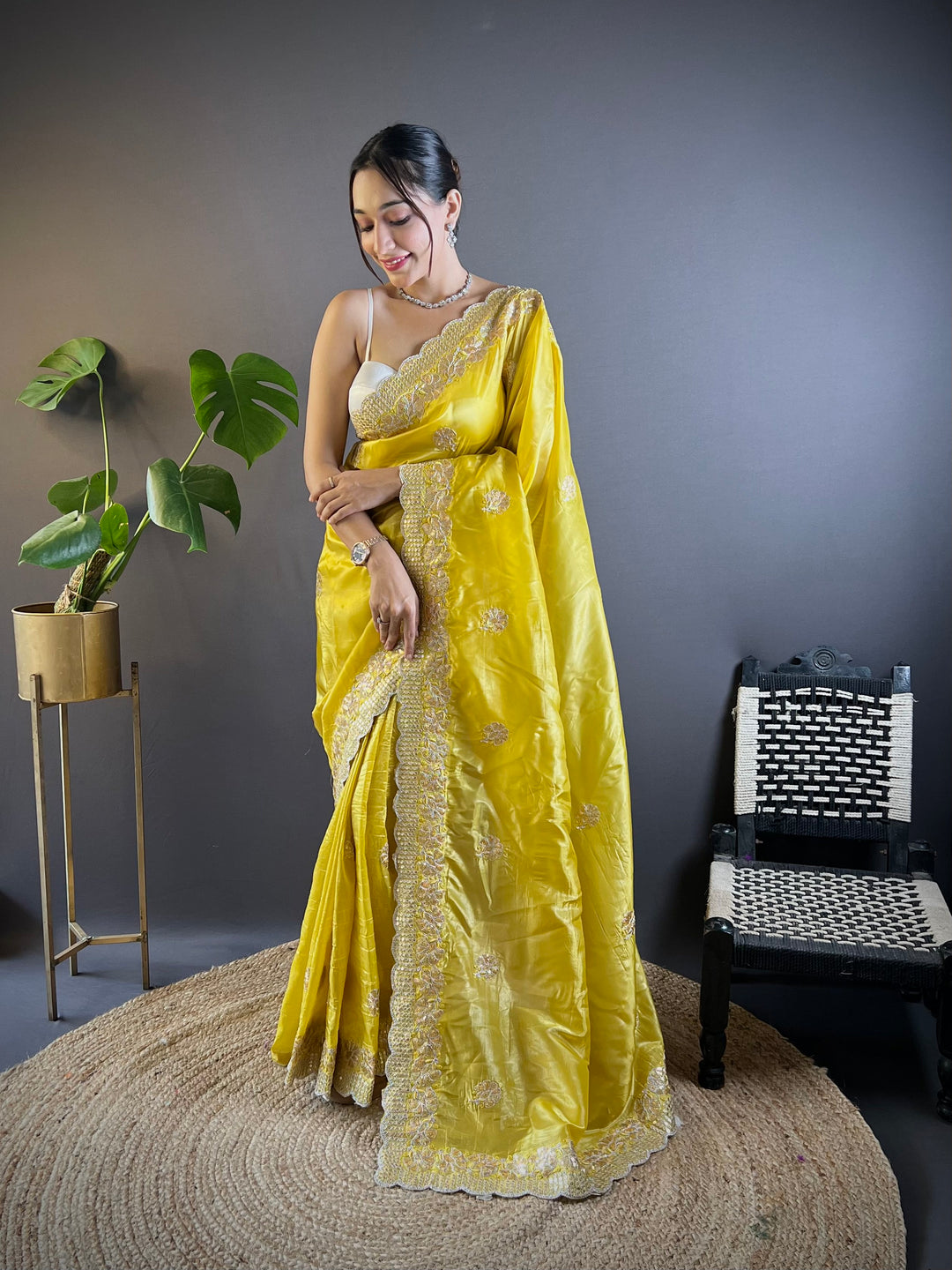 Partywear Gold Crunchy Saree | Sequins, Thread Embroidery & Cut Work