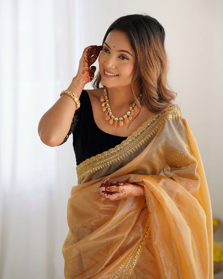 Partywear Twill Net Saree | Sequins Embroidery & Gold Jari Work