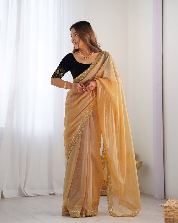 Partywear Twill Net Saree | Sequins Embroidery & Gold Jari Work