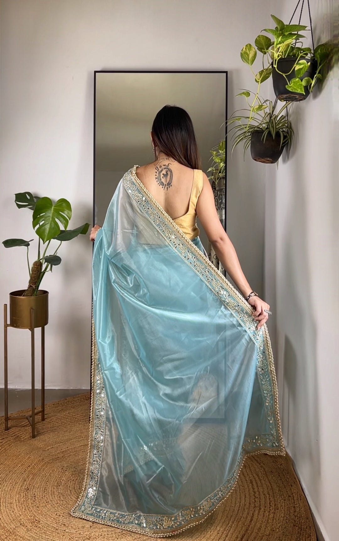 Partywear Silver Tissue Silk Saree | Sequins, Jari & Mirror Embroidery