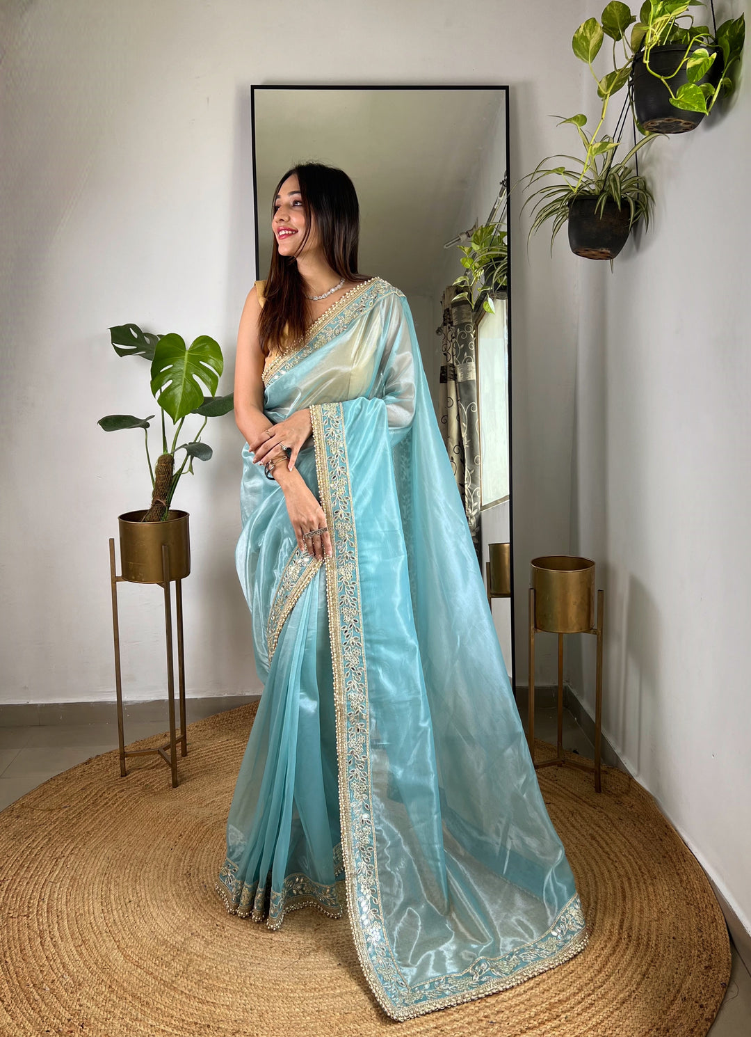 Partywear Silver Tissue Silk Saree | Sequins, Jari & Mirror Embroidery