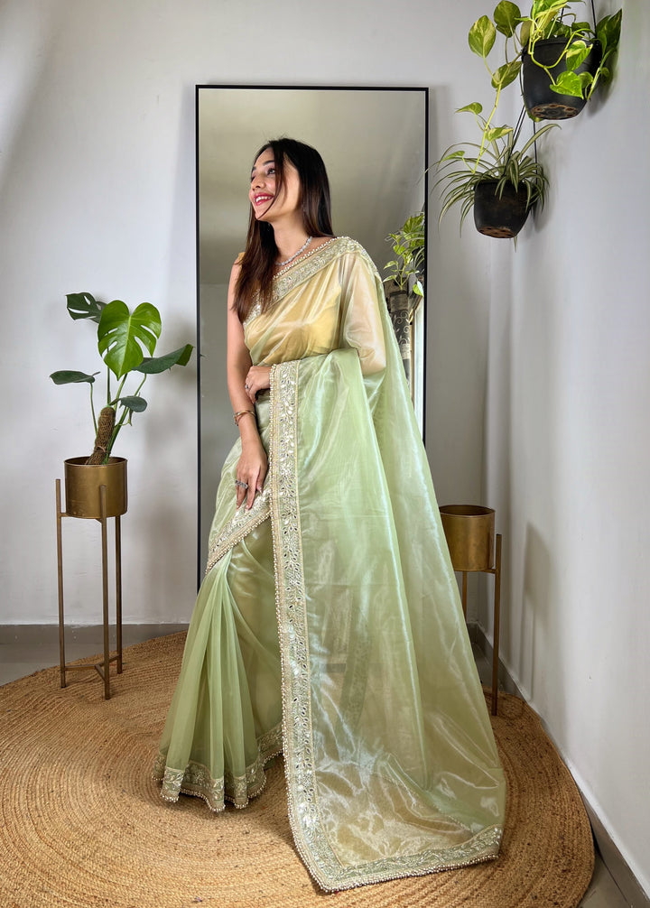 Partywear Silver Tissue Silk Saree | Sequins, Jari & Mirror Embroidery