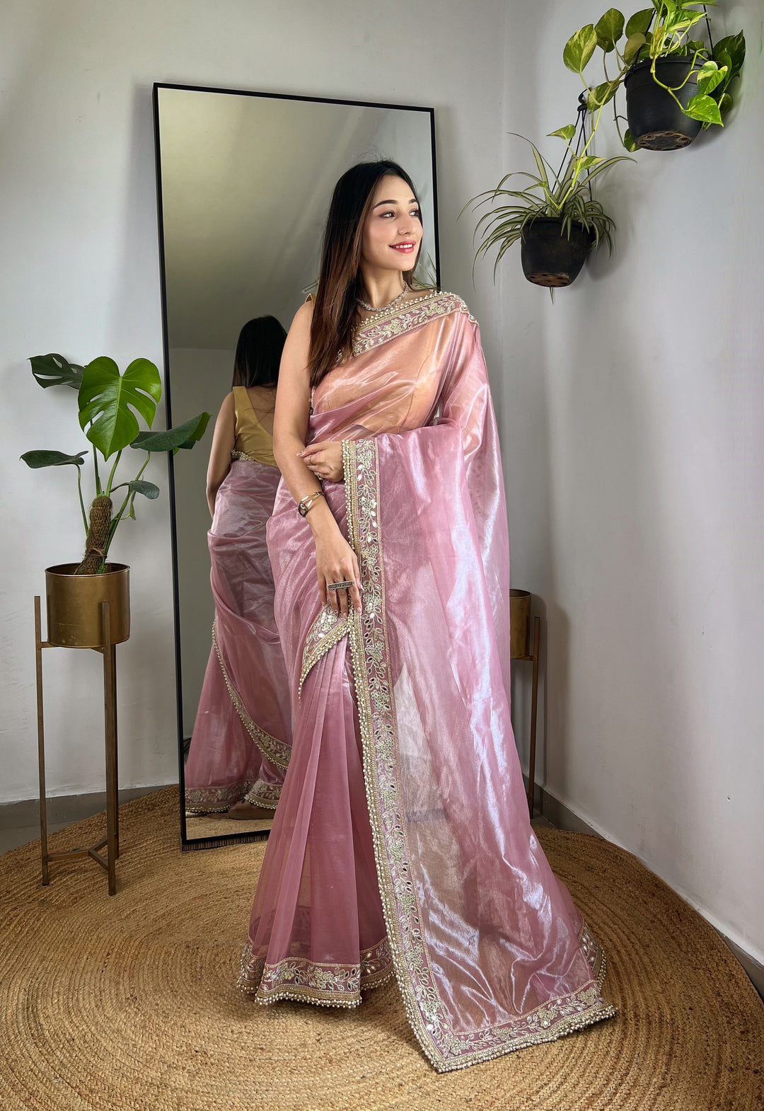 Partywear Silver Tissue Silk Saree | Sequins, Jari & Mirror Embroidery