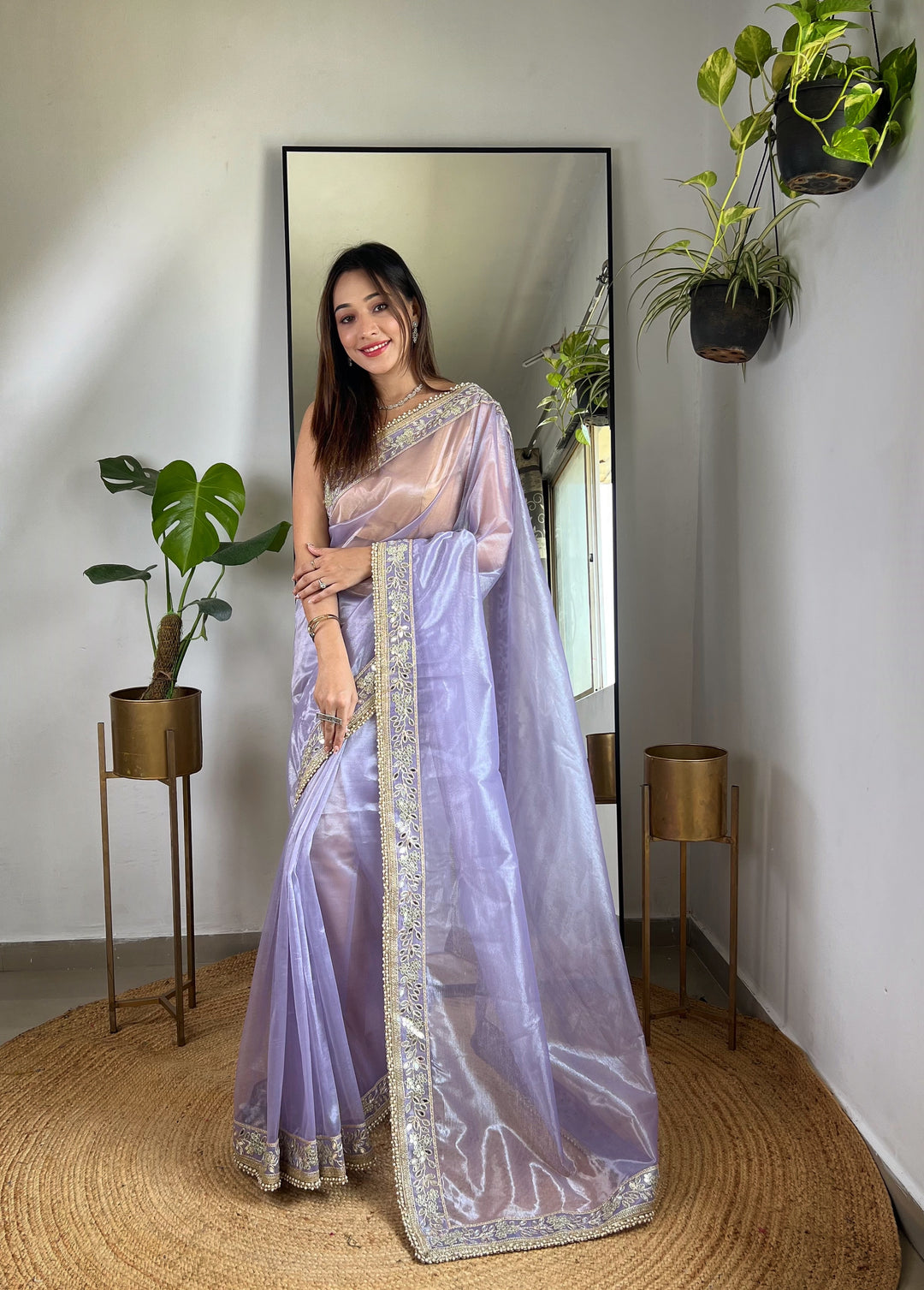 Partywear Silver Tissue Silk Saree | Sequins, Jari & Mirror Embroidery