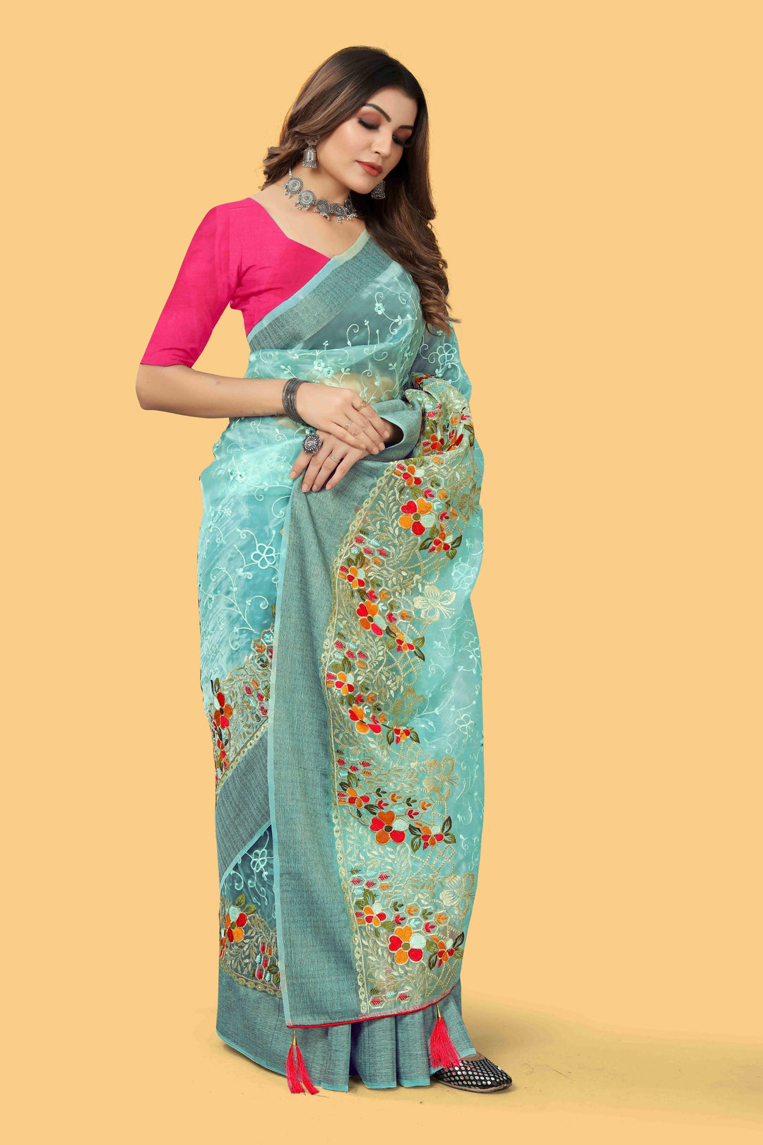 Elegant Organza-Silk Saree with Wevon Jari Patta & Embroidery | Ideal for Weddings