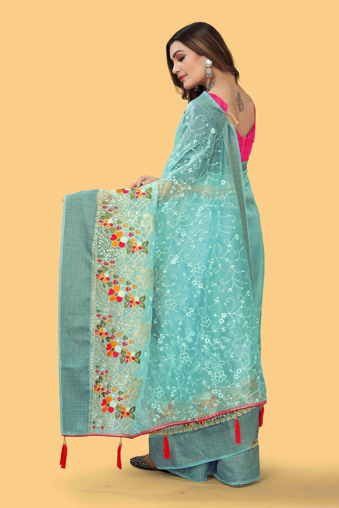 Elegant Organza-Silk Saree with Wevon Jari Patta & Embroidery | Ideal for Weddings