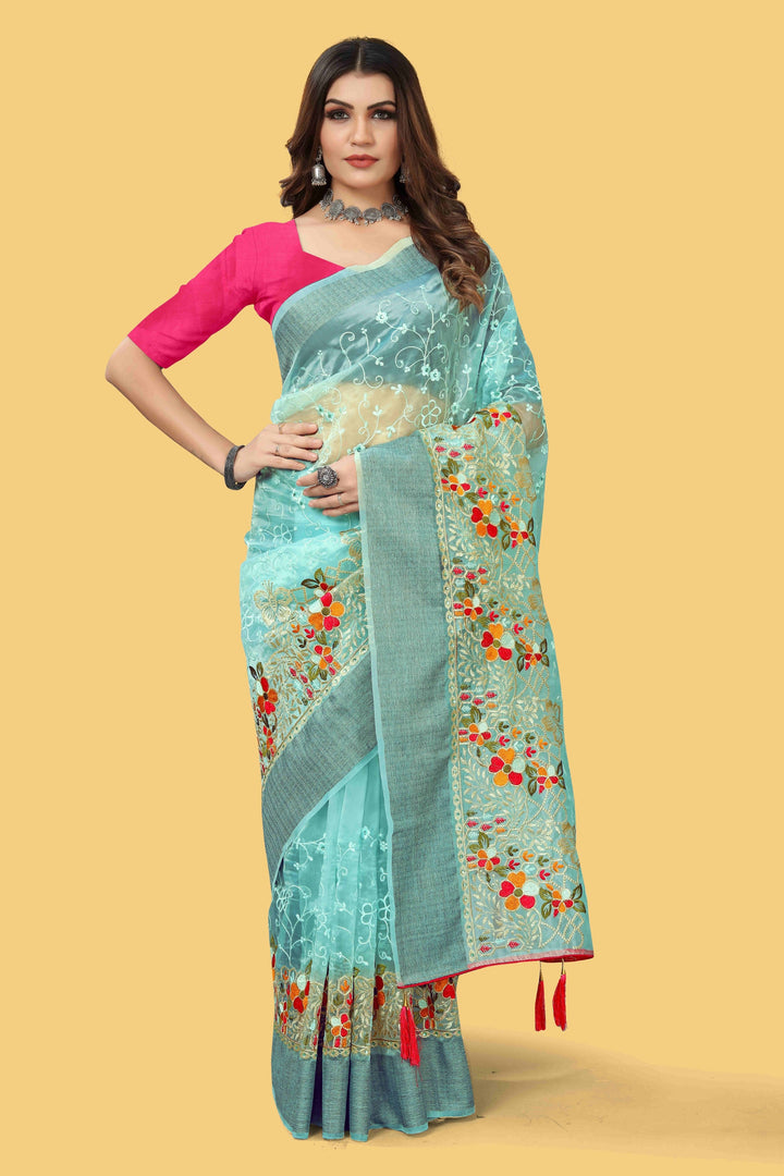 Elegant Organza-Silk Saree with Wevon Jari Patta & Embroidery | Ideal for Weddings