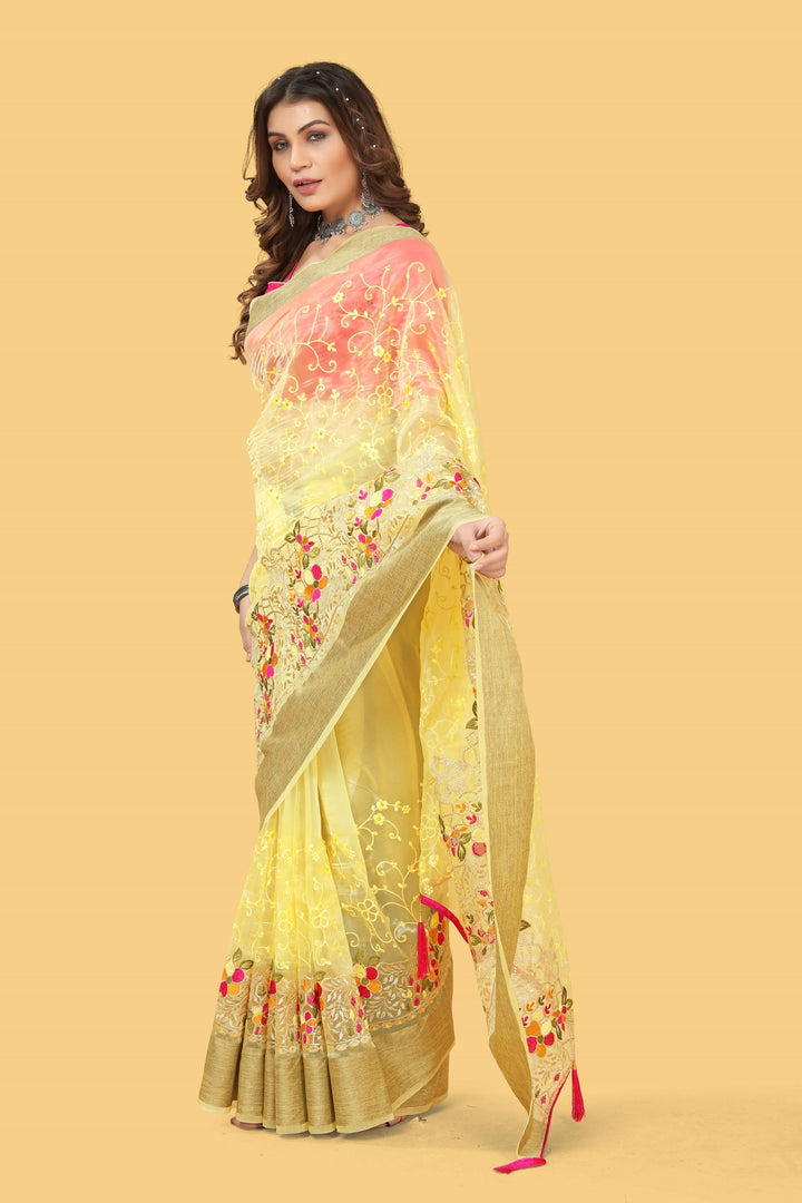 Elegant Organza-Silk Saree with Wevon Jari Patta & Embroidery | Ideal for Weddings